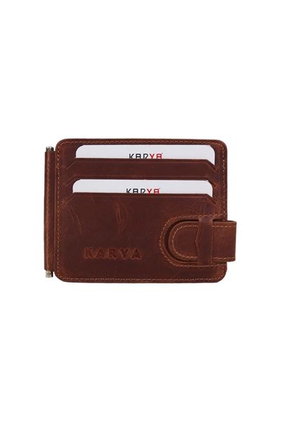 Koyu Taba Hakiki Deri Para Maşalı Unisex Kartlık Cüzdan 00440